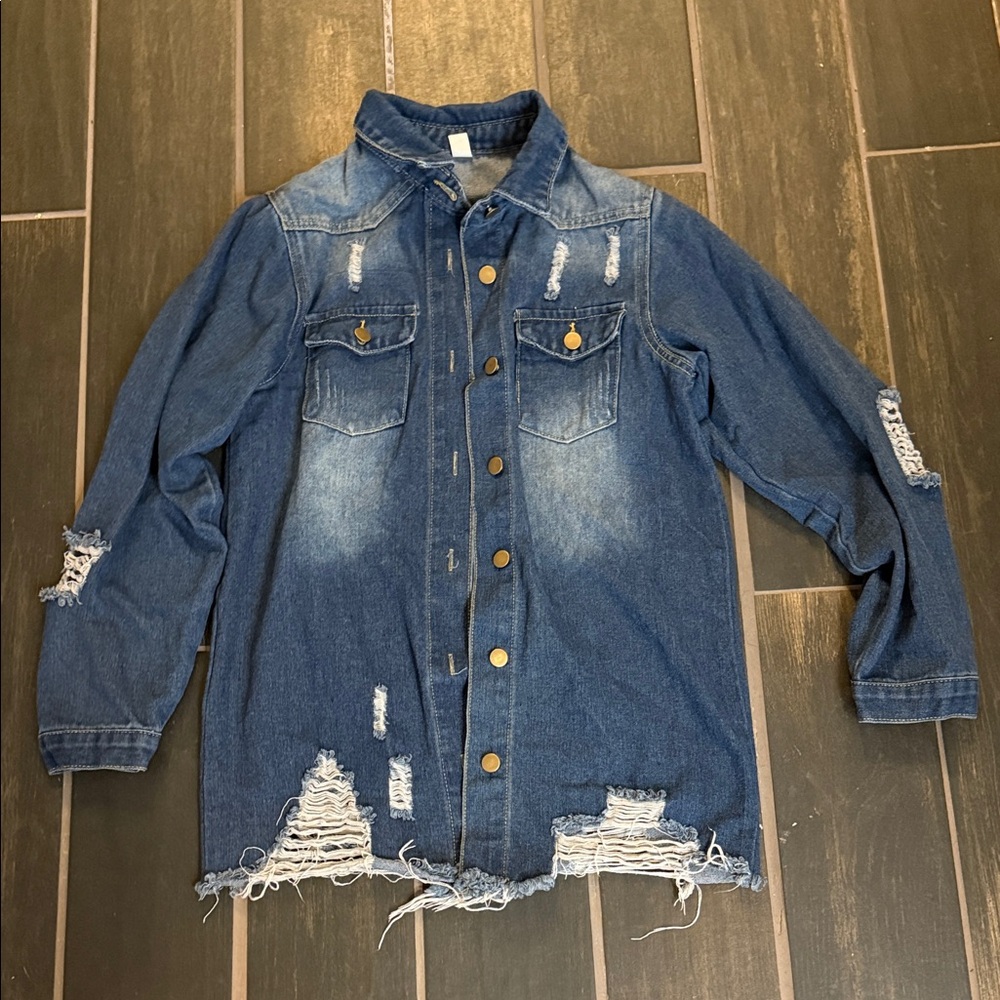Women's Distressed Denim Jacket in Dark Blue